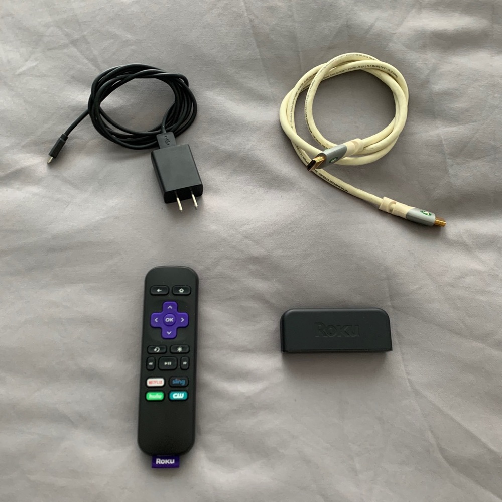 Roku Express + Remote + HDMI cord + Setup booklet